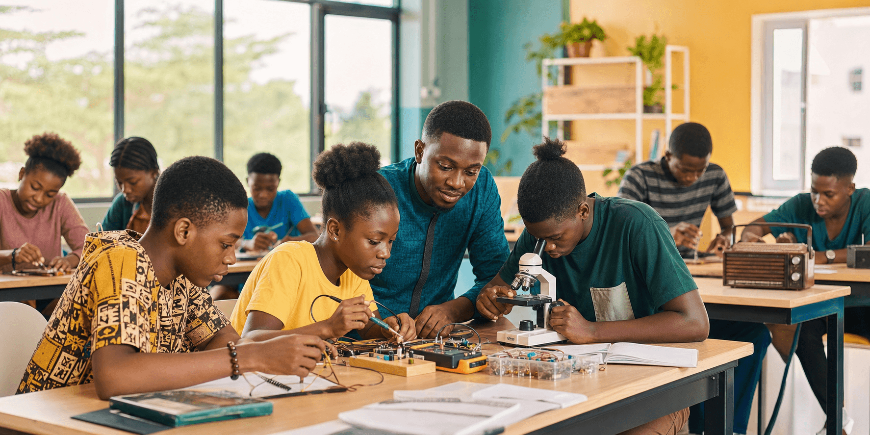 Students taking part in hands-on STEM activities with a facilitator
